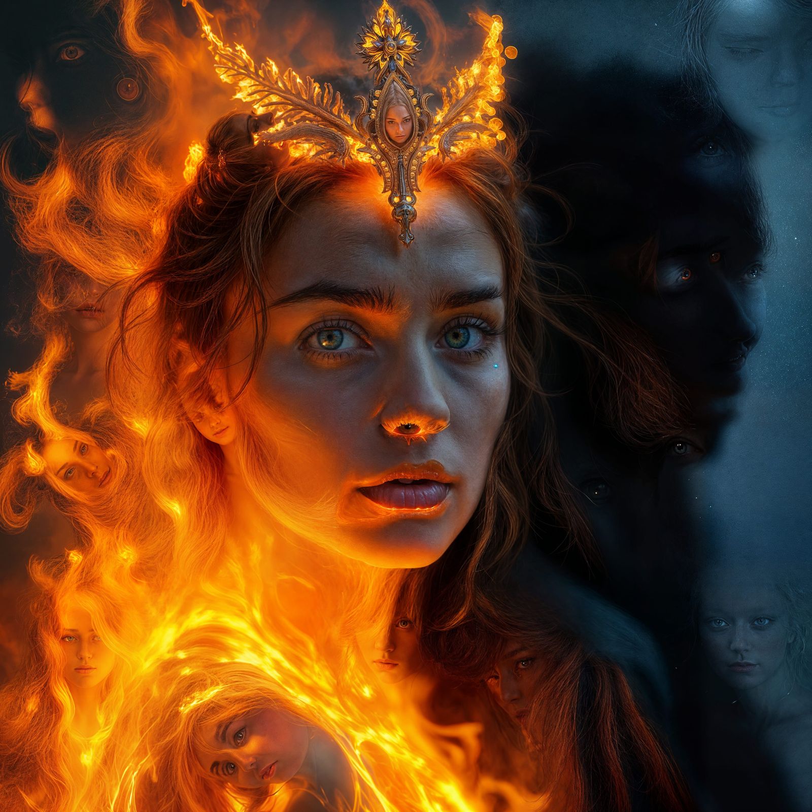 Goddess of Light Confronts Darkness in Fiery Portrait