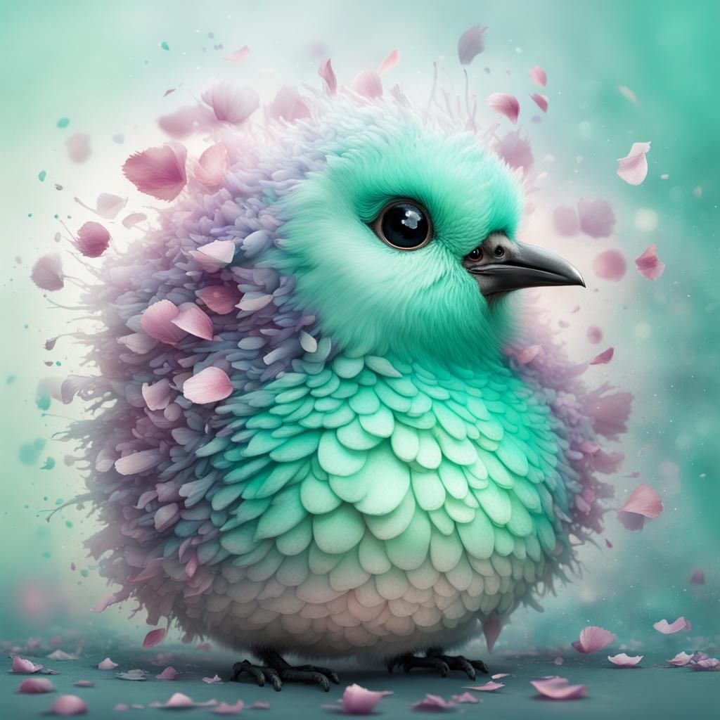 Sweet Adorable round  fluffy bird made of light sage green, lavender, pale rose petals, huge intricate  Turquoise eyes, ...