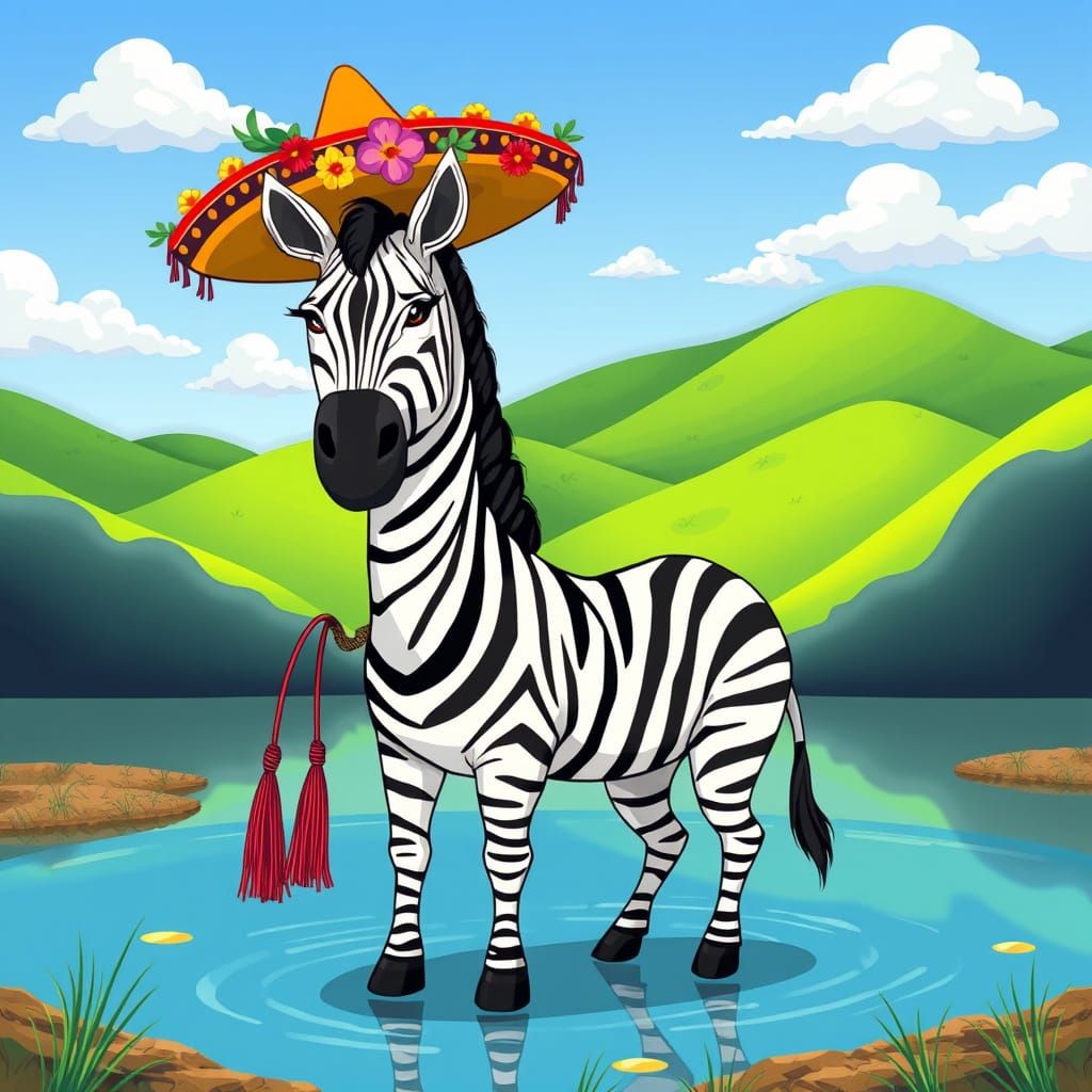 Zebra in Sombrero at Waterhole in Cartoon Style