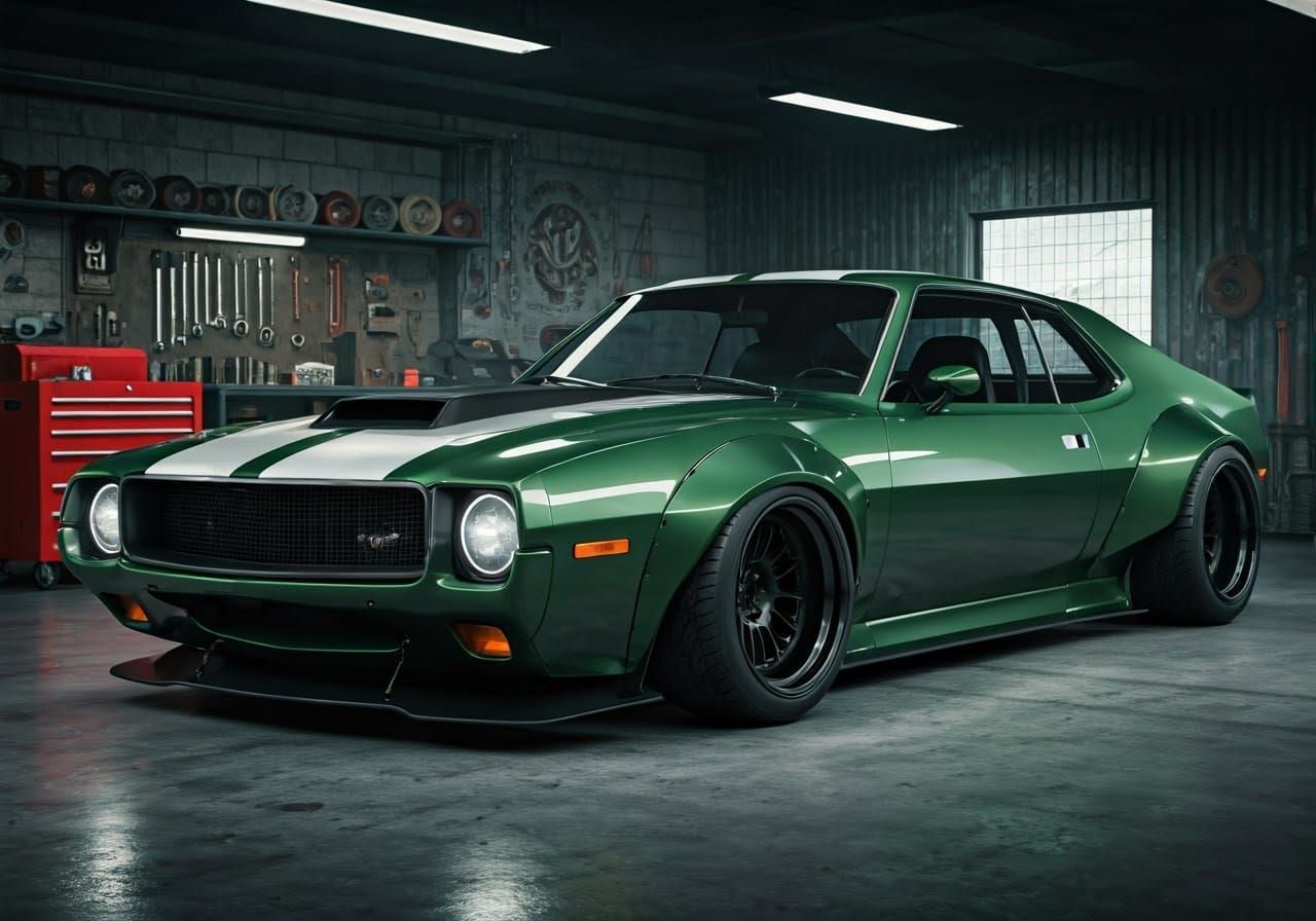 Futuristic AMC Javelin AMX in Retro Garage Setting