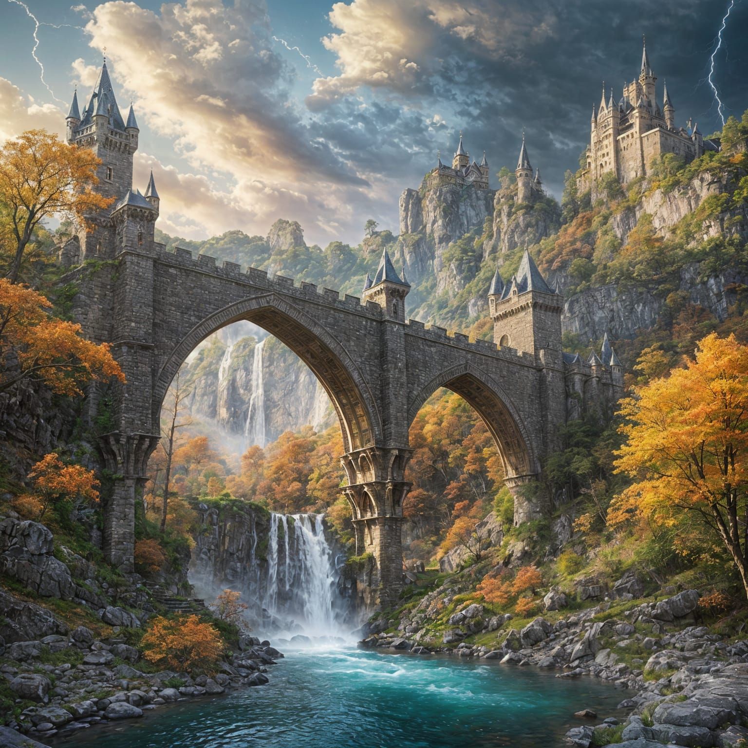 Majestic Mountain Castles Connected by Stone Bridge