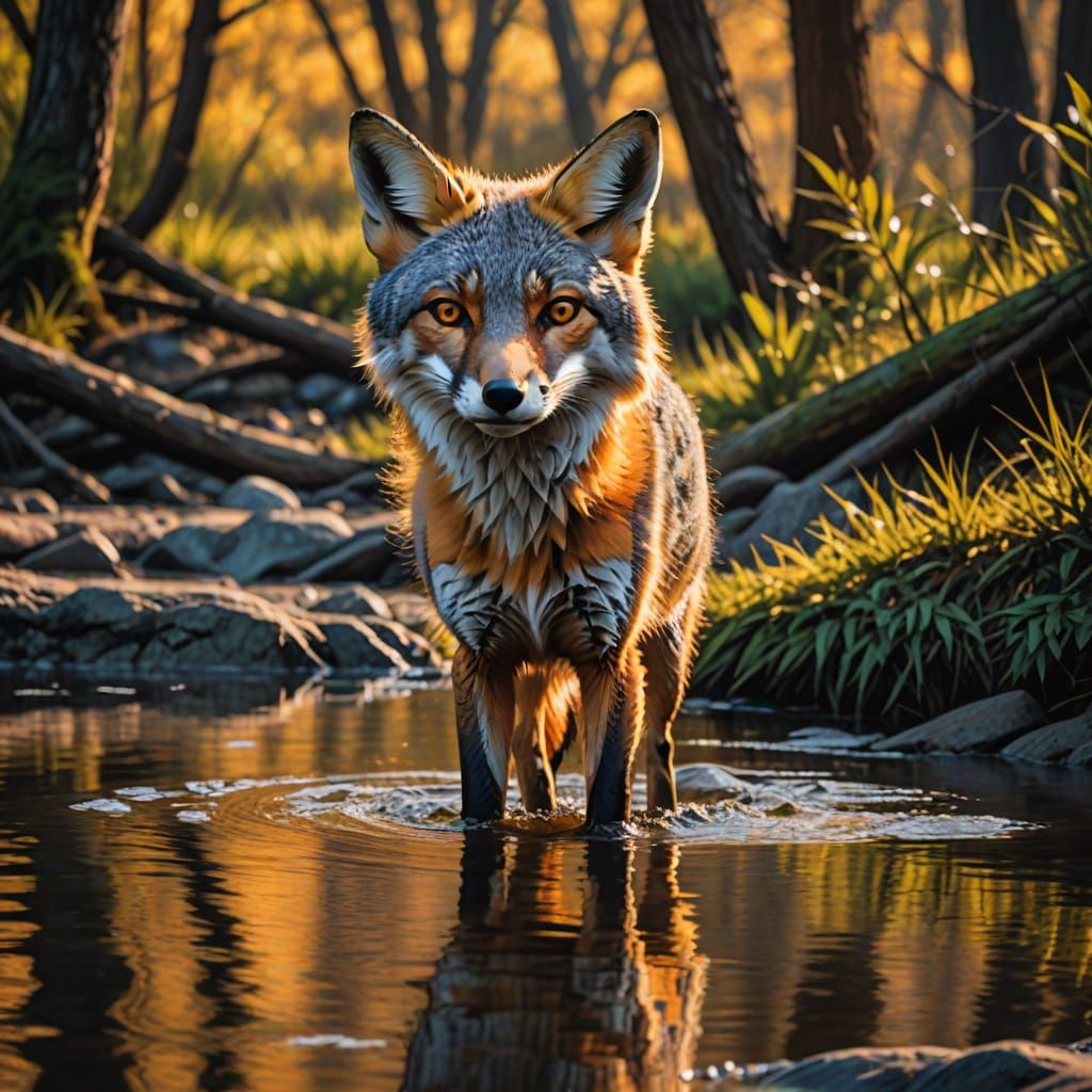 Grey Fox in Riparian Forest: Digital Wildlife Art