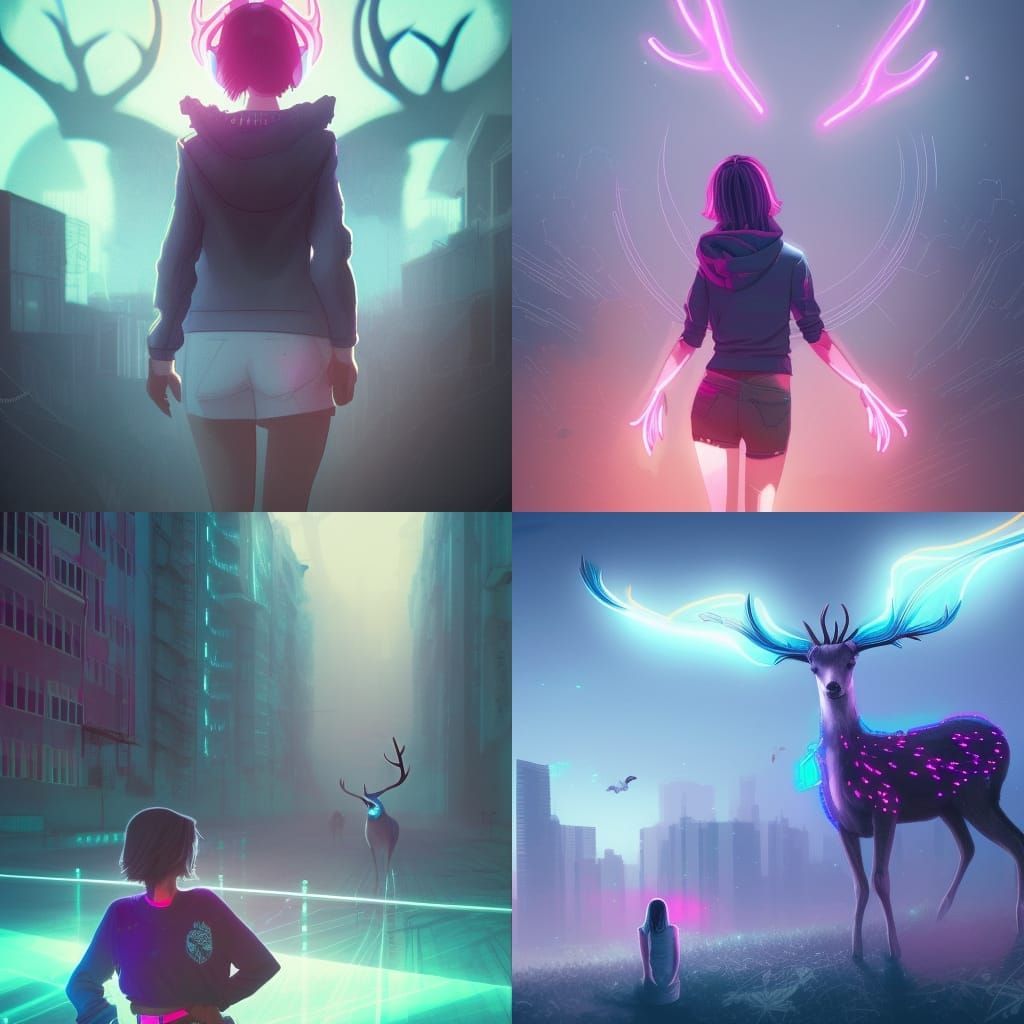 Neon Cityscape with Woman and Deer, Hyperdetailed Art