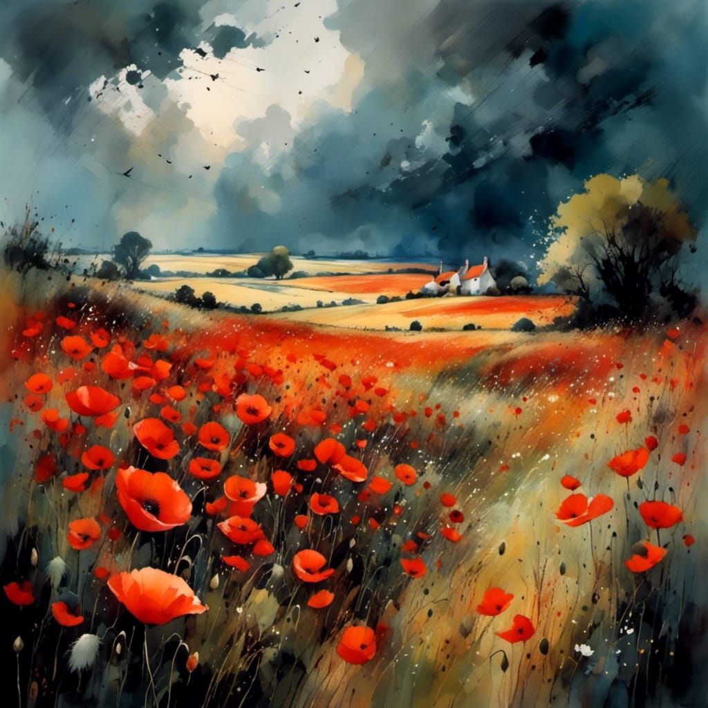 Poppy Field Storm: Watercolor and Surrealism