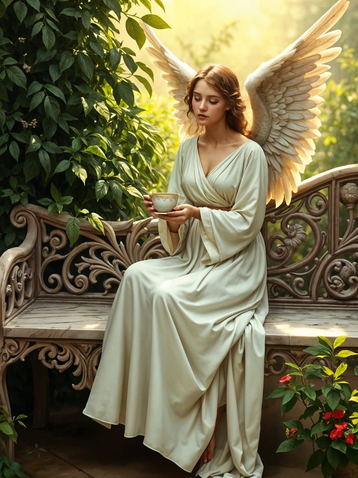 Angel with Coffee in Lush Garden, Pre-Raphaelite Style
