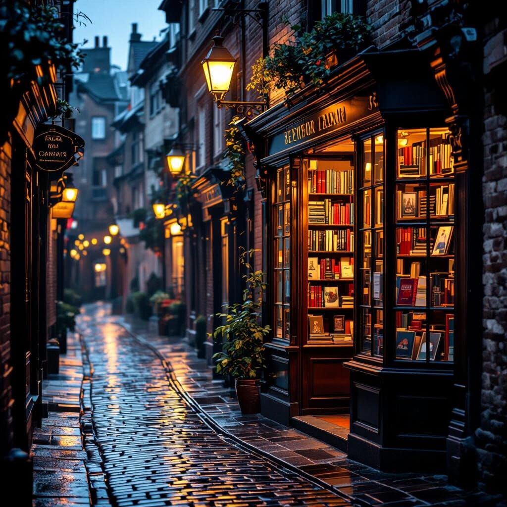 Rainy Bookstore Alleyway in Hyperrealistic Style