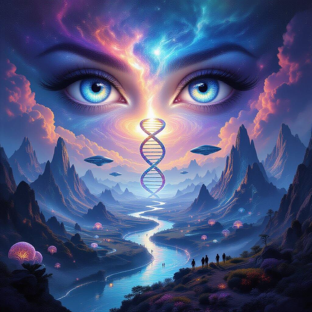 Cosmic Brain Nebula with Sentient Eyes and Futuristic Cities