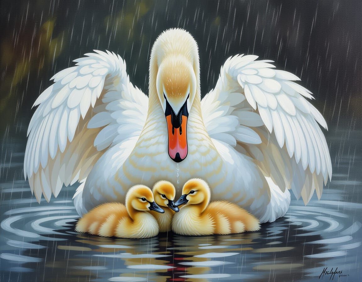 Mother Swan Shields Chicks from Heavy Rain in Impressionist ...
