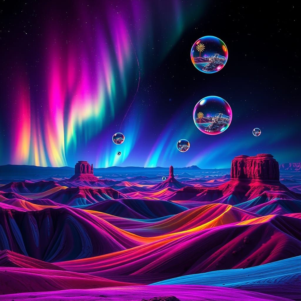 Surreal Desert Mesas with Fluorescent Aurora Sky