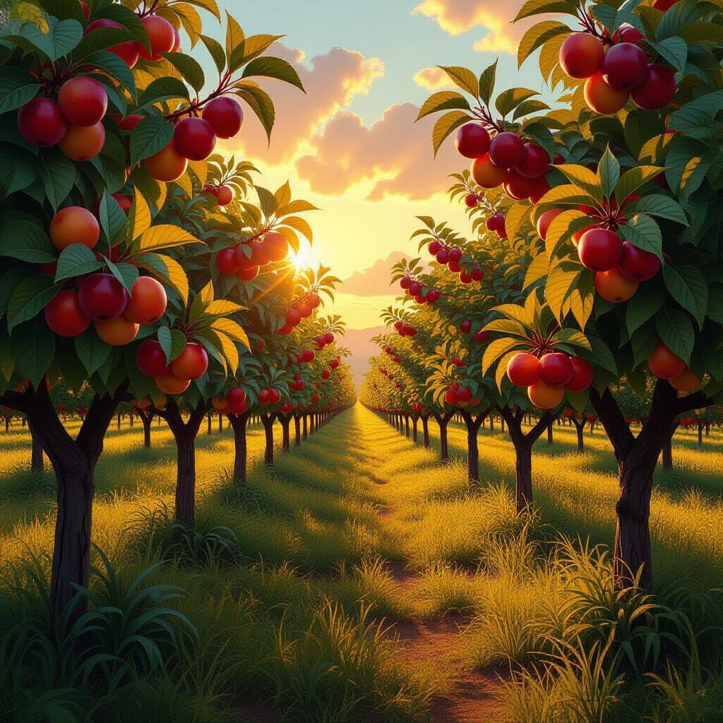 Golden Hour Orchard with Ripe Fruit, Hyper-Realistic Texture...