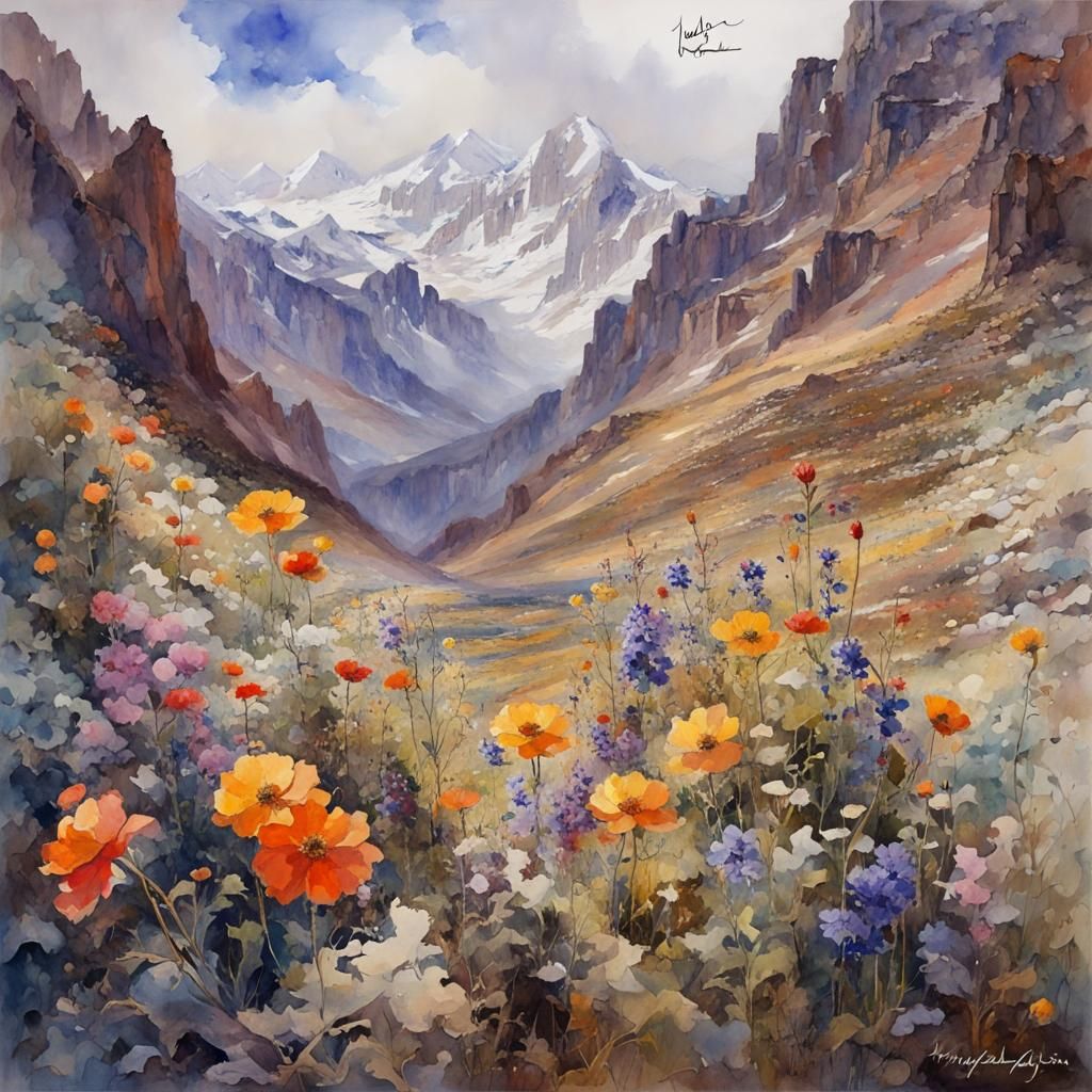 Mountain Flower Garden in Watercolor Impasto Style