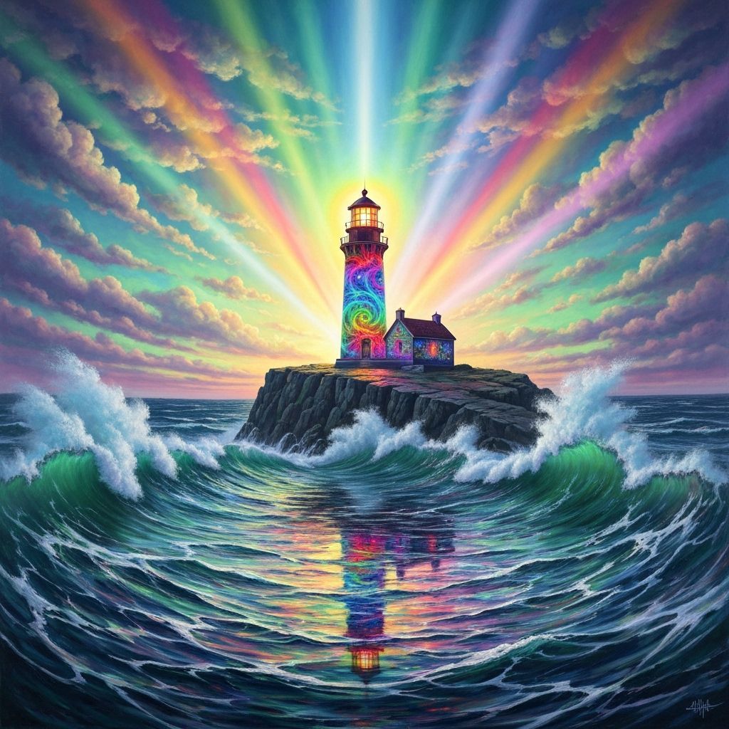Psychedelic Lighthouse on Jagged Cliff