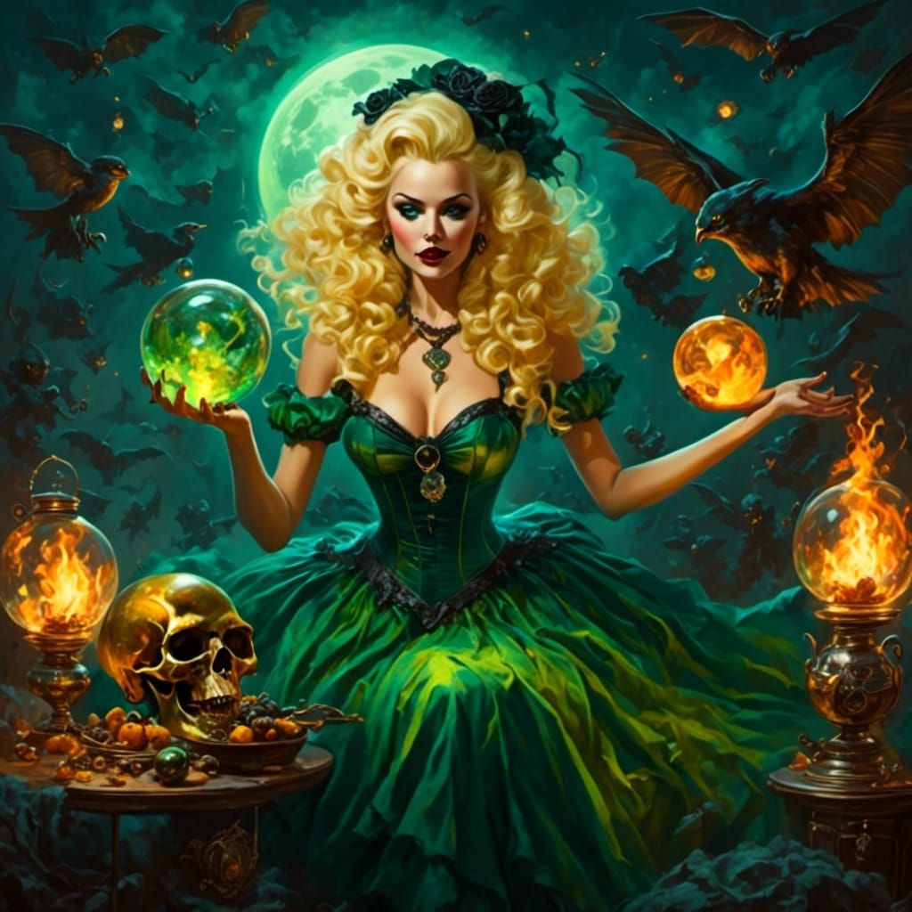 Retro Sci-Fi Witch Performing Ritual Art