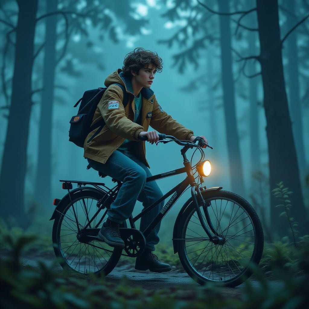 Teenager Biking in Misty Forest, 80s Style