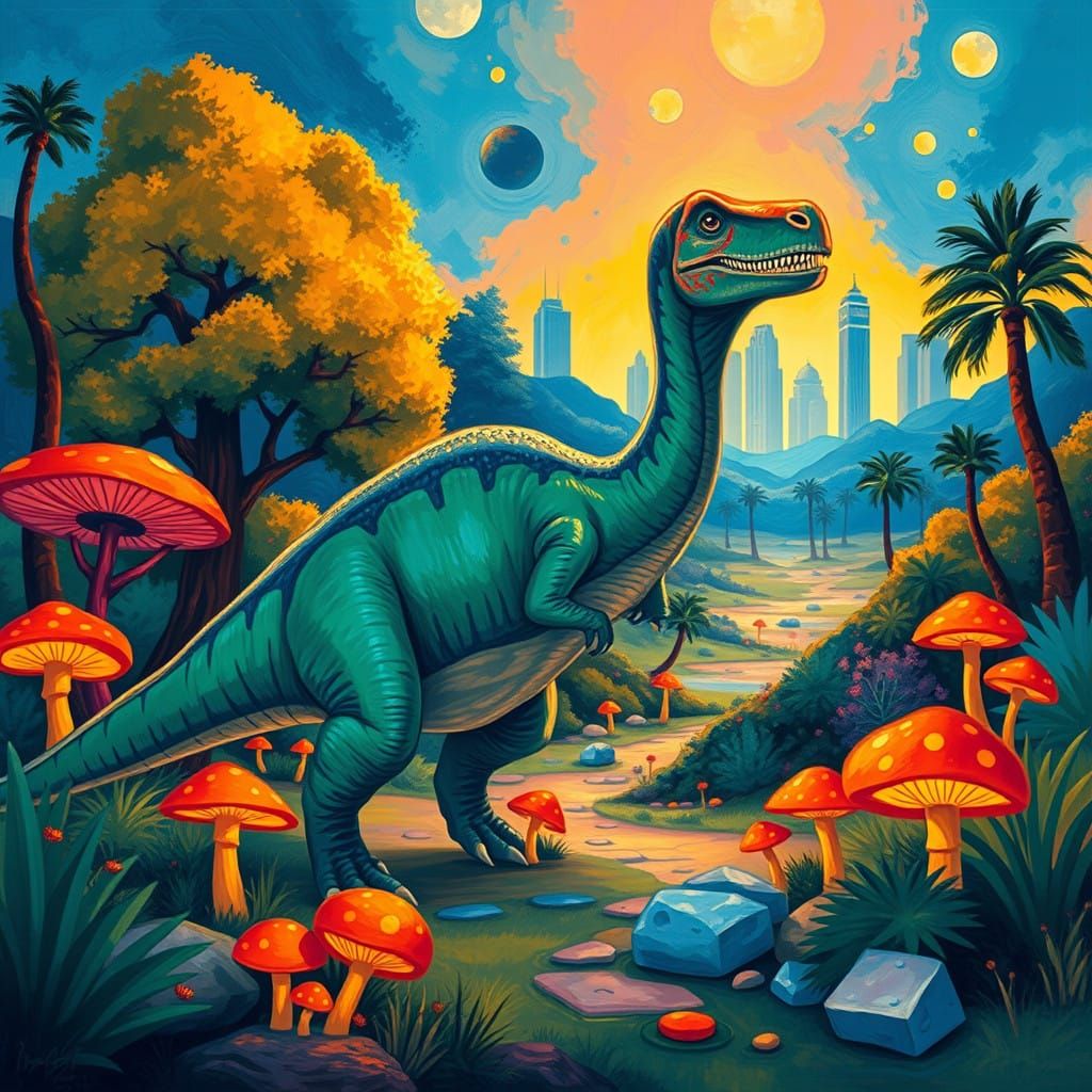 Futuristic Fauvist Dinosaur in Vibrant Renaissance Landscape