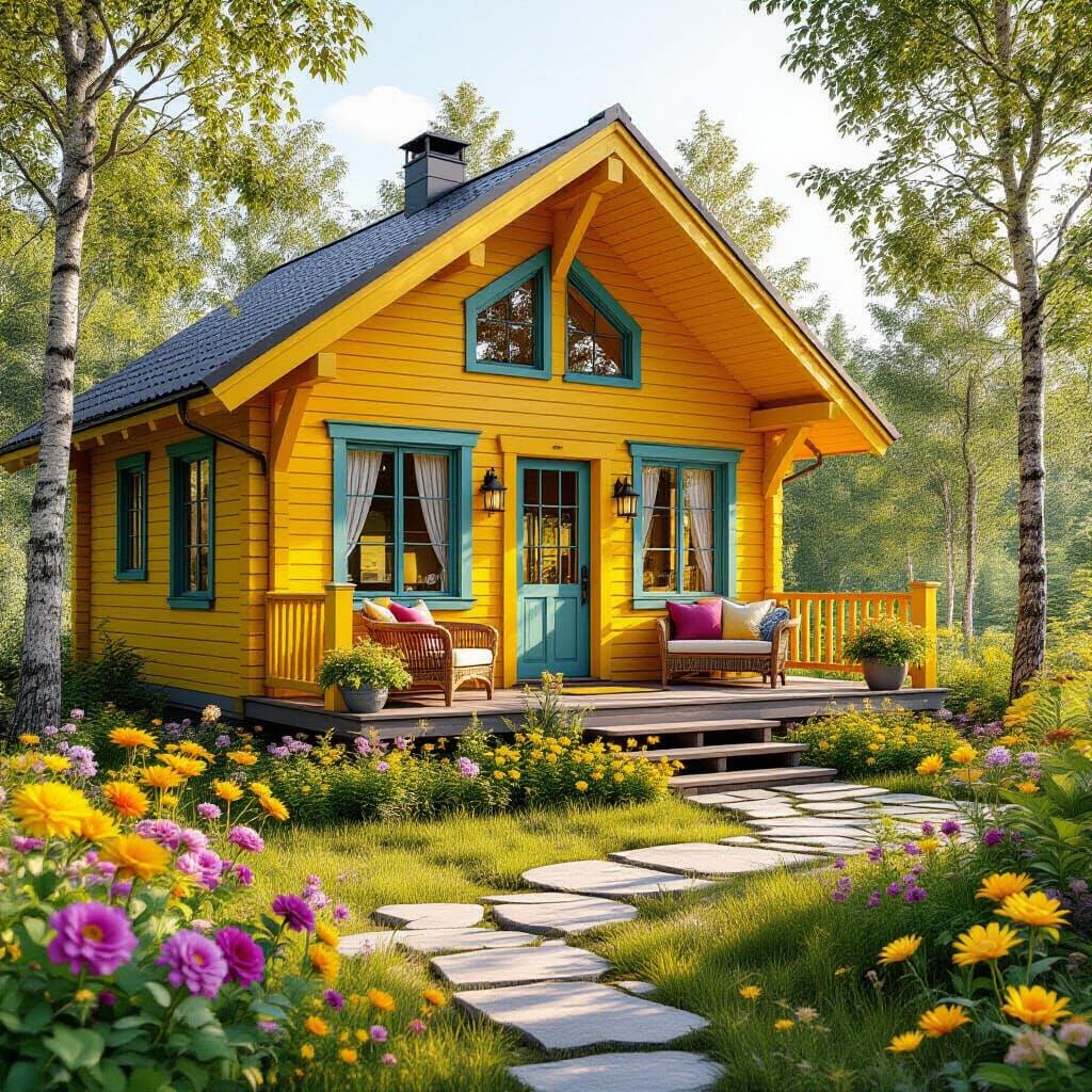 Serene Summer Cabin Retreat in 3D Render Style