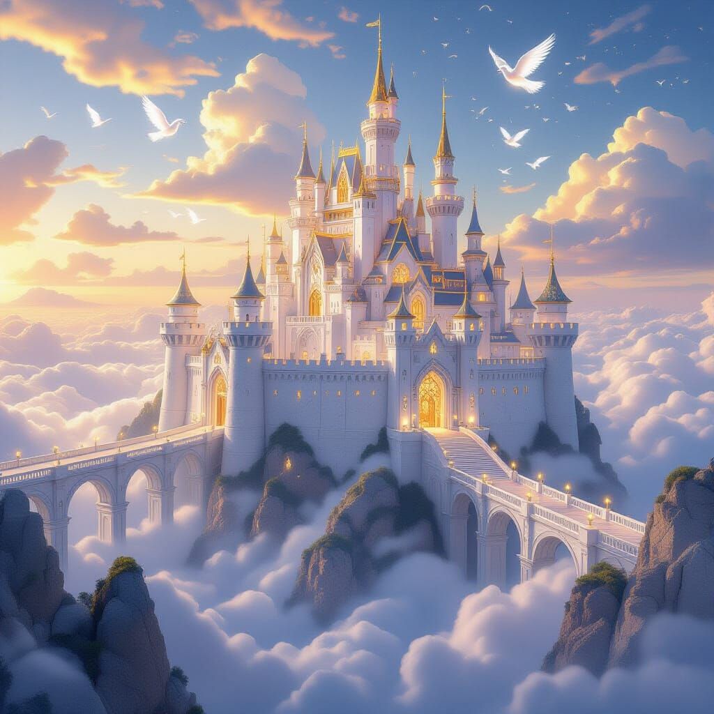 Colossal Marble Castle Floating Above Clouds