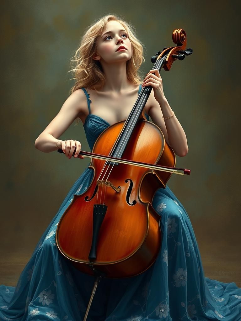 Girl Playing Cello in Pre-Raphaelite Style