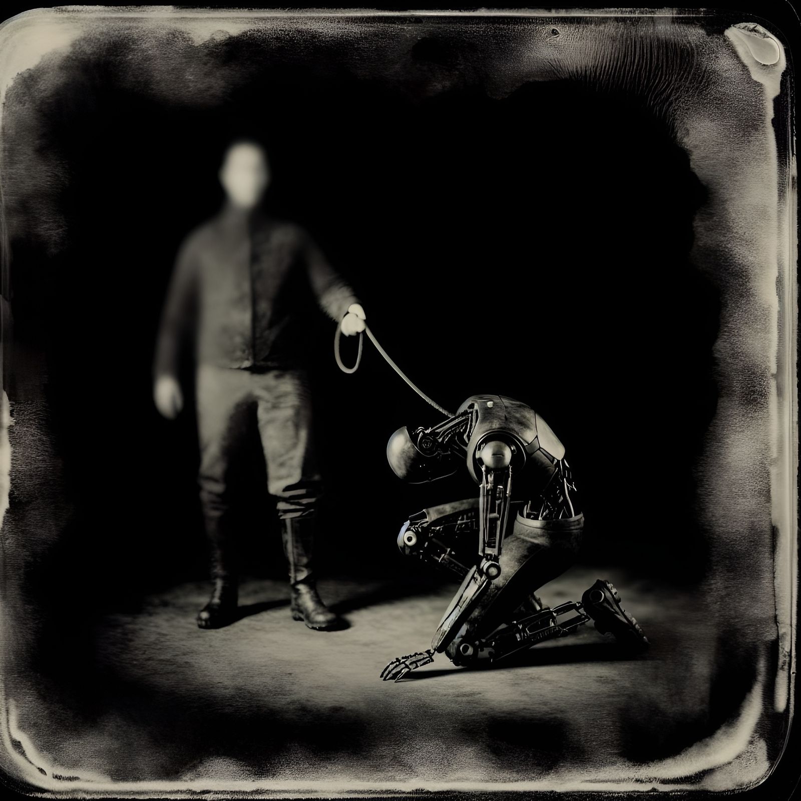 Unsettling Tintype Portrait of Android Leashed by Human
