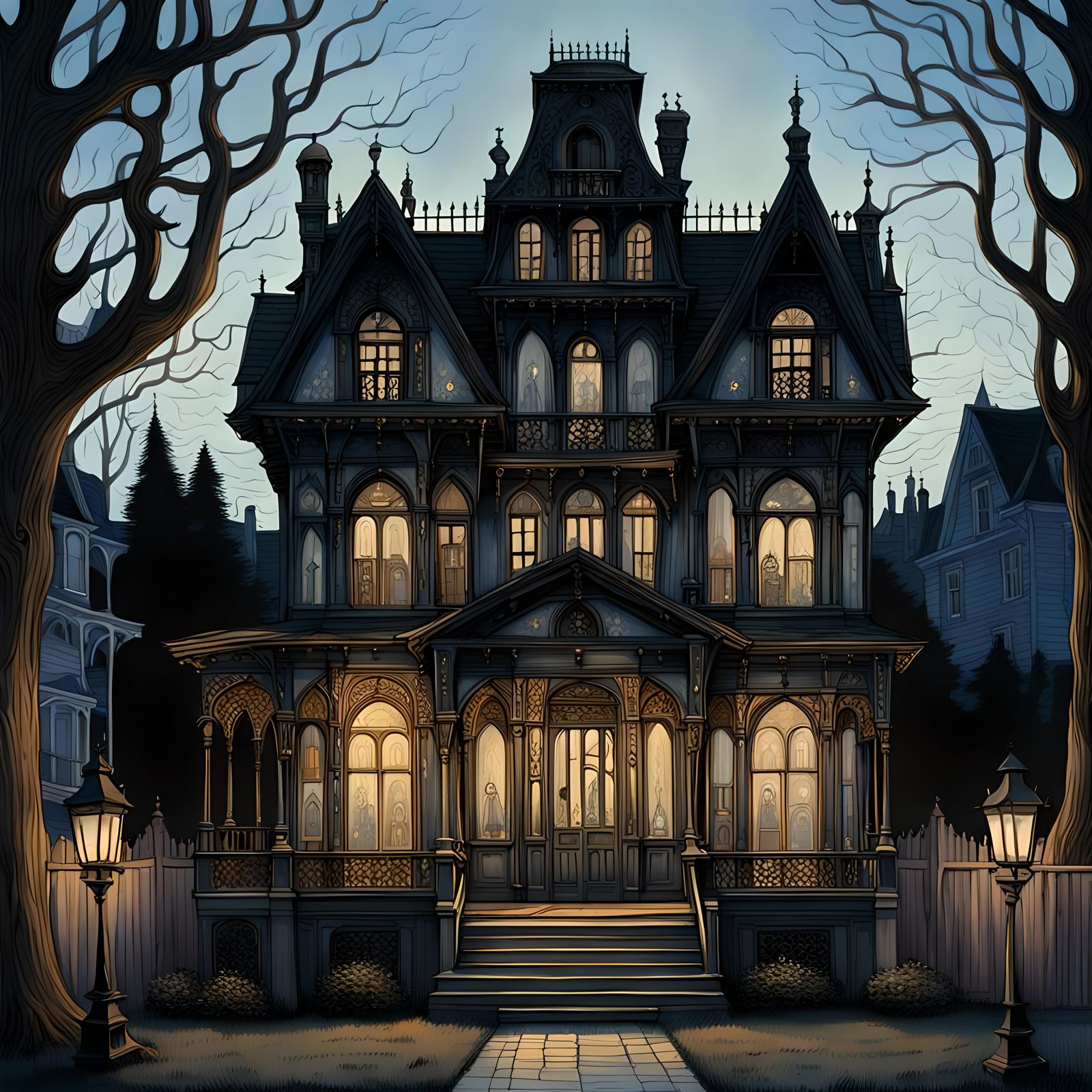 Spooky Victorian House Facade in Gothic Style