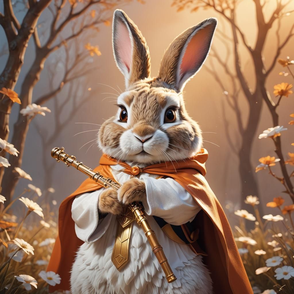 Whimsical 3D Rabbit Superhero Plays Flute