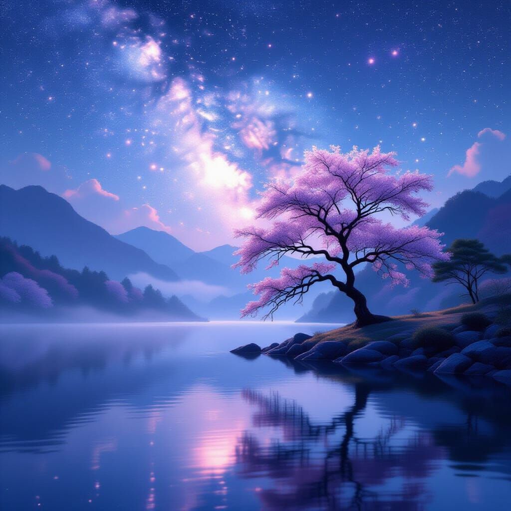 Solitary Cherry Tree by Misty Lake Reflecting Starry Cosmos