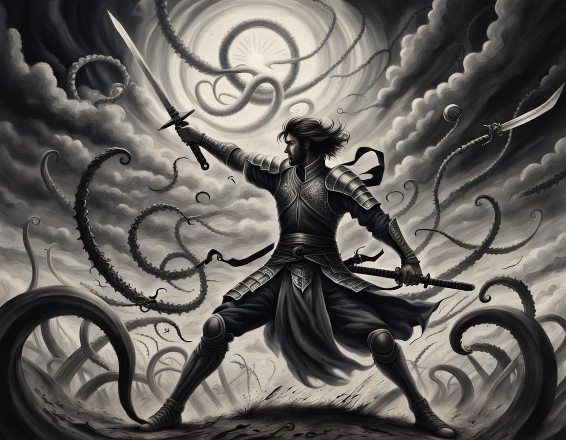 Victorious Swordsman in Charcoal Painting