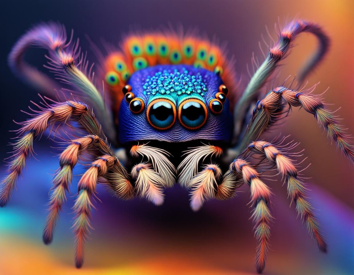 Vibrant Peacock Jumping Spider with Bow, Hyperdetailed