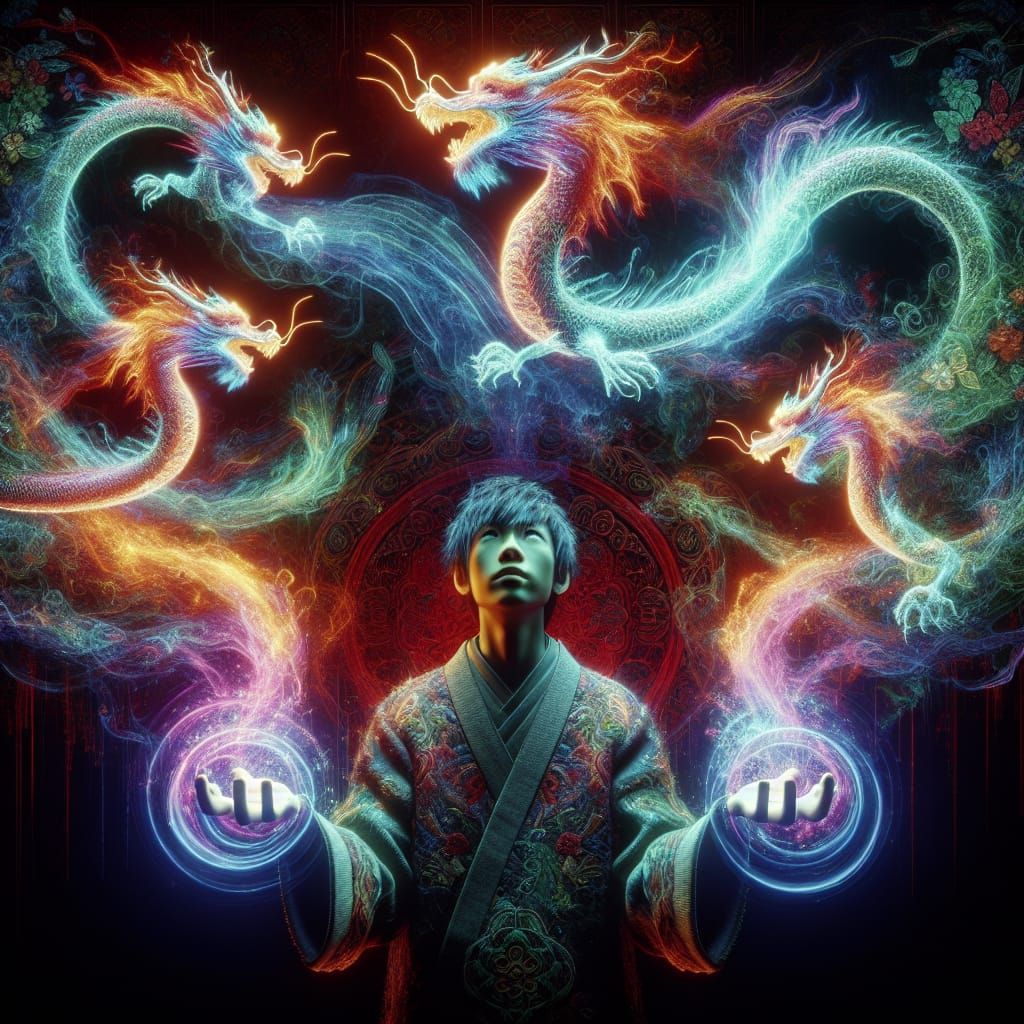 Boy Summons Rainbow Fire Dragons in Neon Fantasy