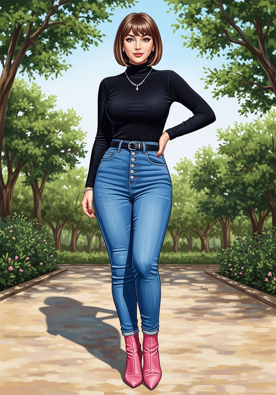 Woman in Skinny Jeans and Turtleneck in Garden Painting