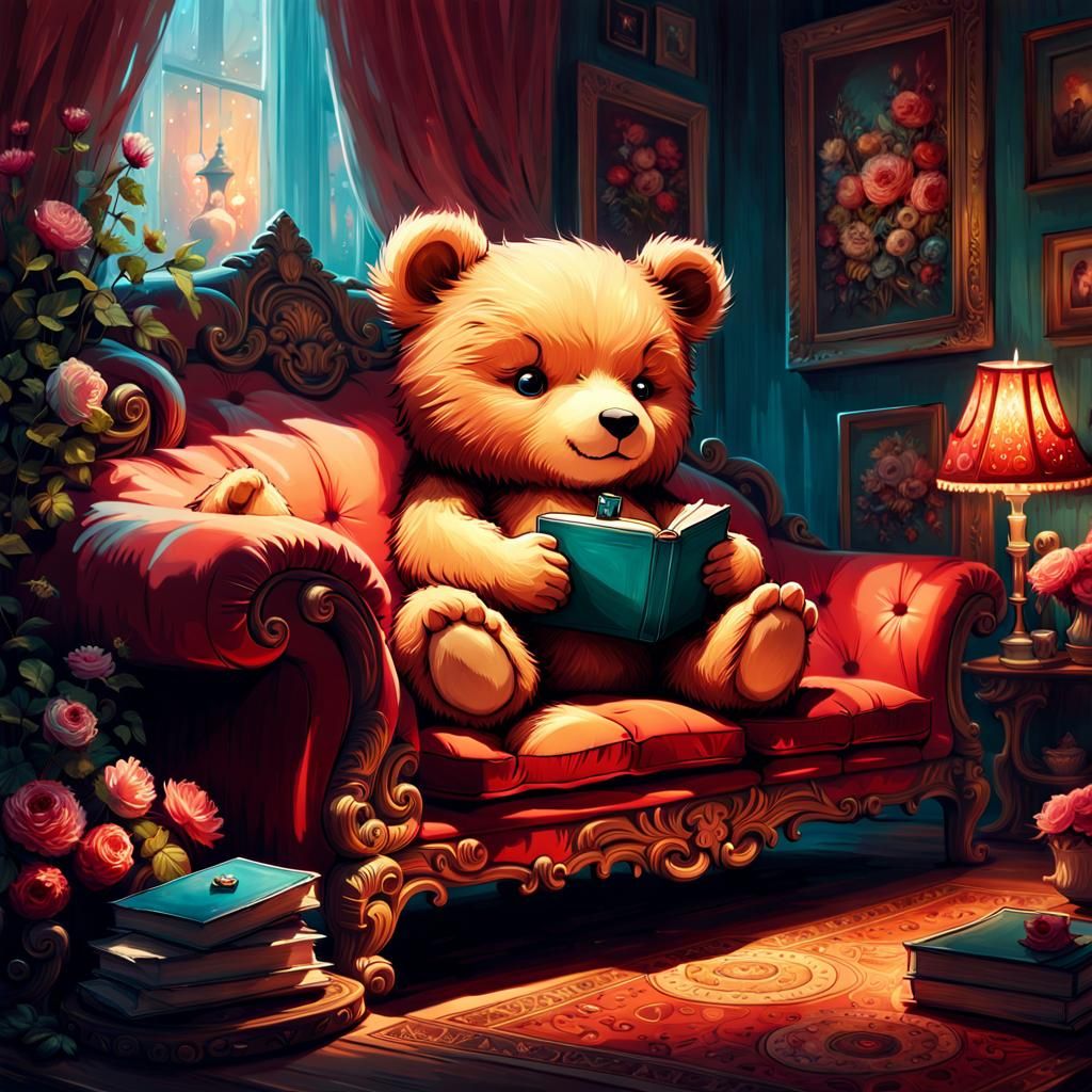 Chibi Teddy Bear on Couch: Fantasy Digital Art