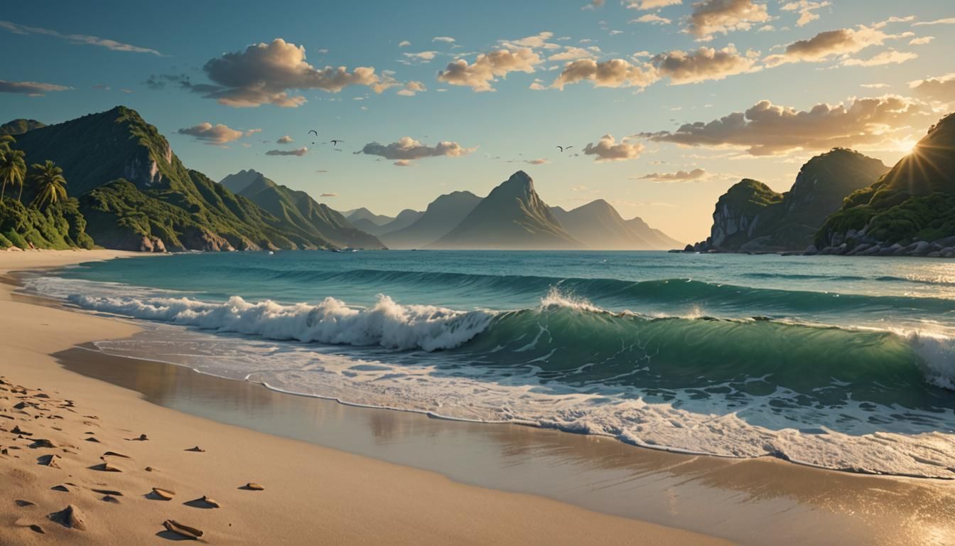 Majestic Mountains Meet Serene Ocean: Digital Matte Painting
