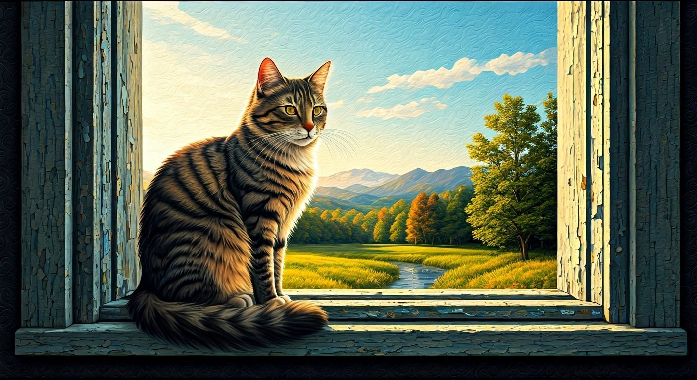 Quilted Cat on Sunny Ledge in Fabric Style