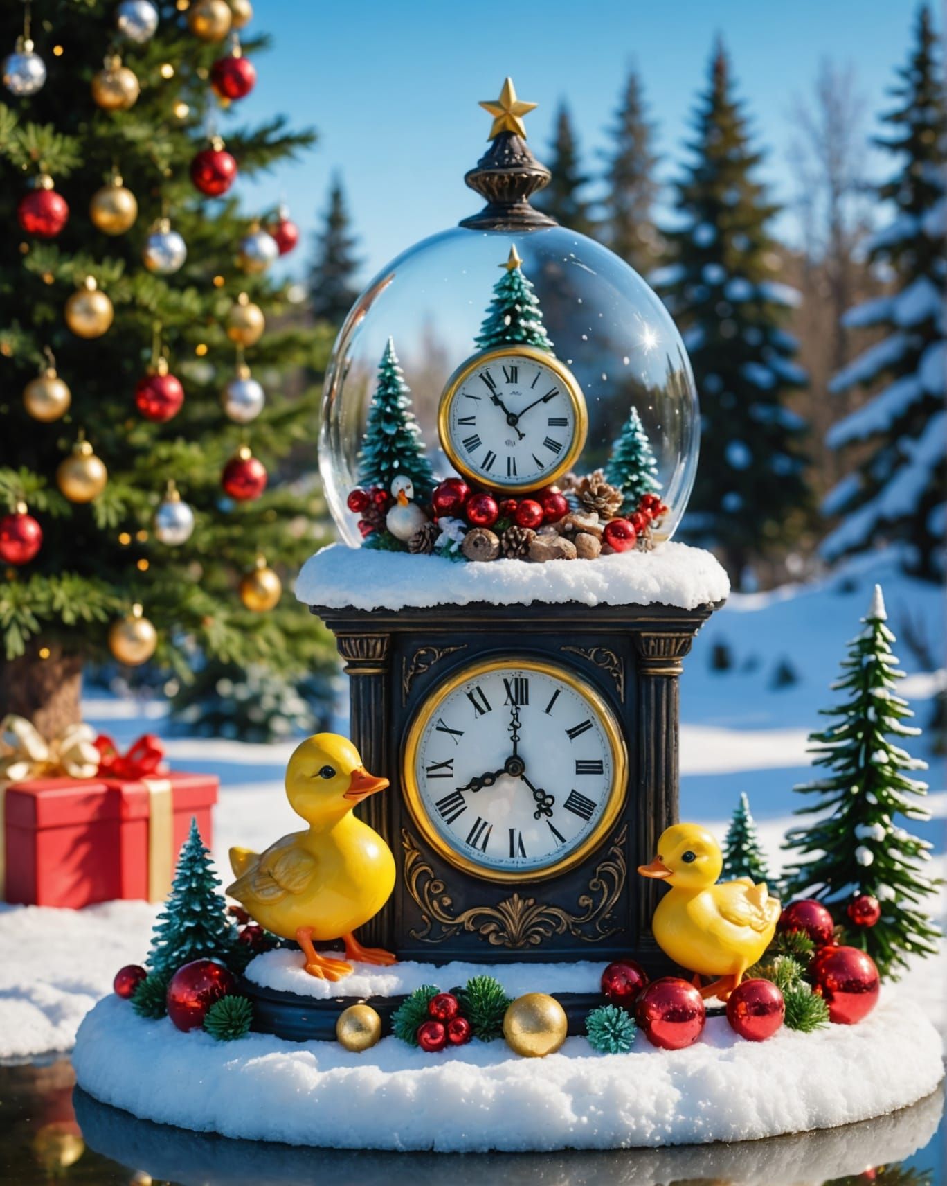 Enchanting Christmas Clock Glass Sculpture in Winter Forest