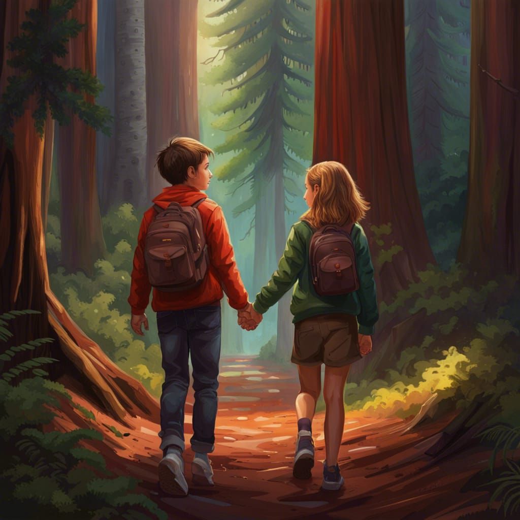 Children Explore Redwood Forest in Hyperrealistic Style