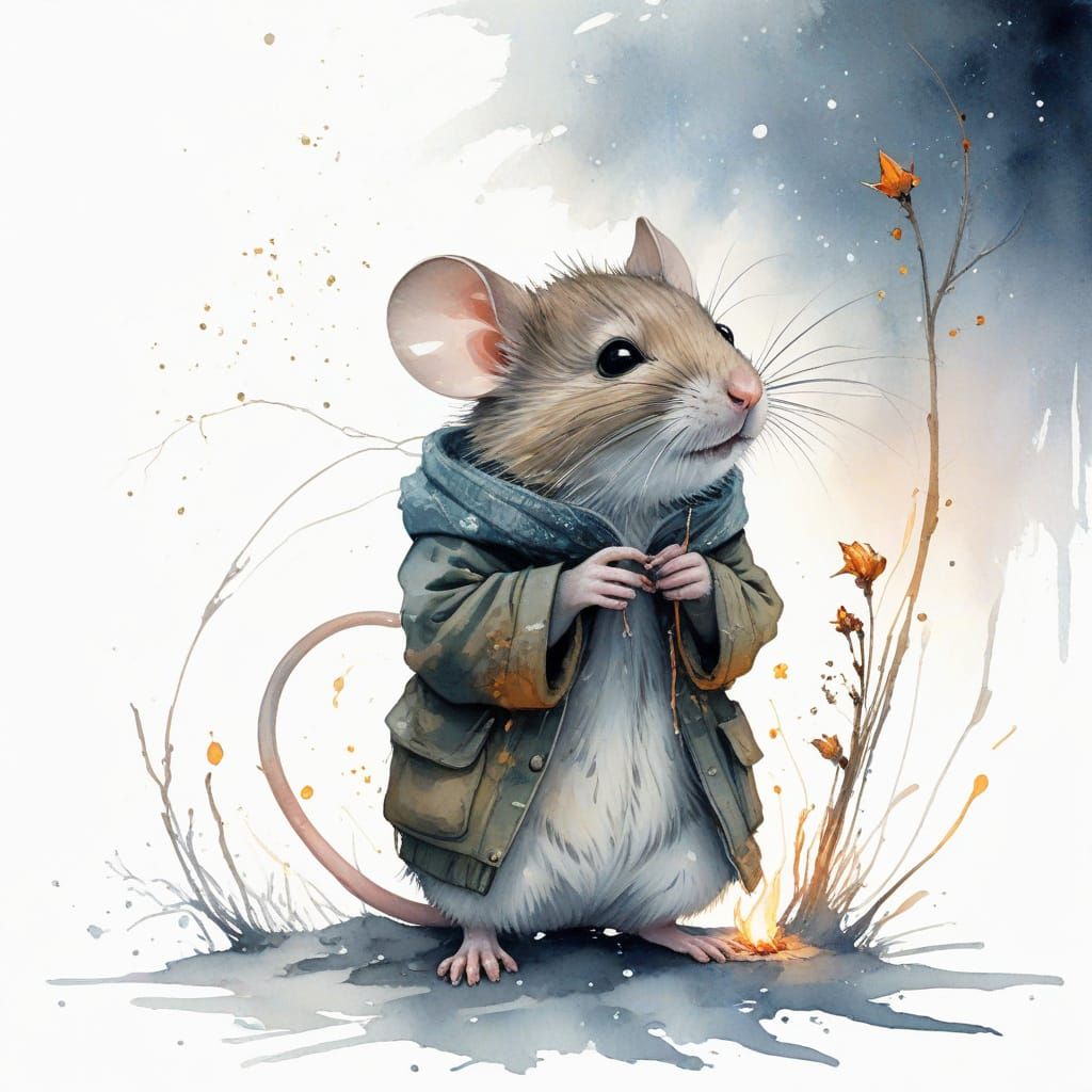 Whimsical Winter Scene with Mouse by Glowing Ember under Sta...
