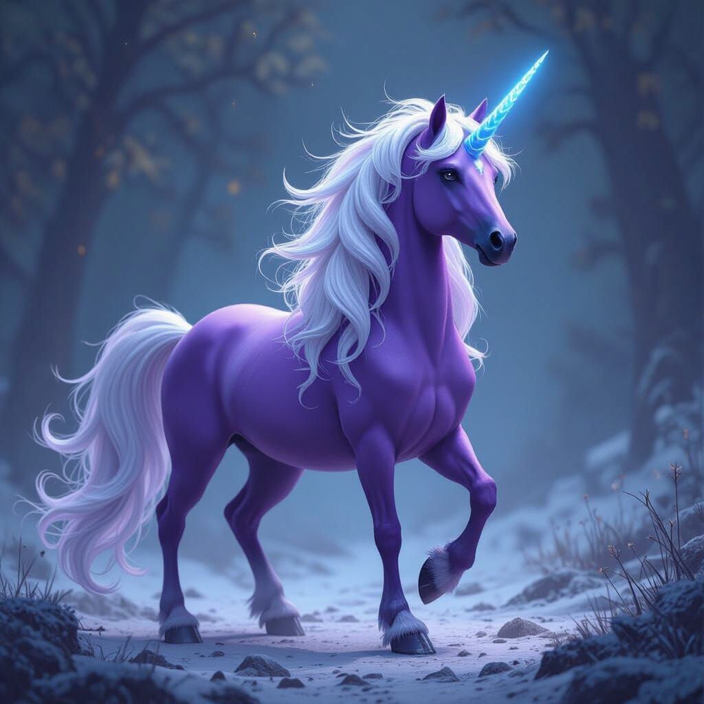 Majestic Purple Unicorn with Silver Mane in Fantasy Art Styl...
