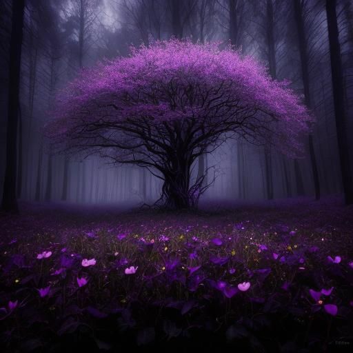 Glowing Purple Flower in Misty Forest: Surreal Macro