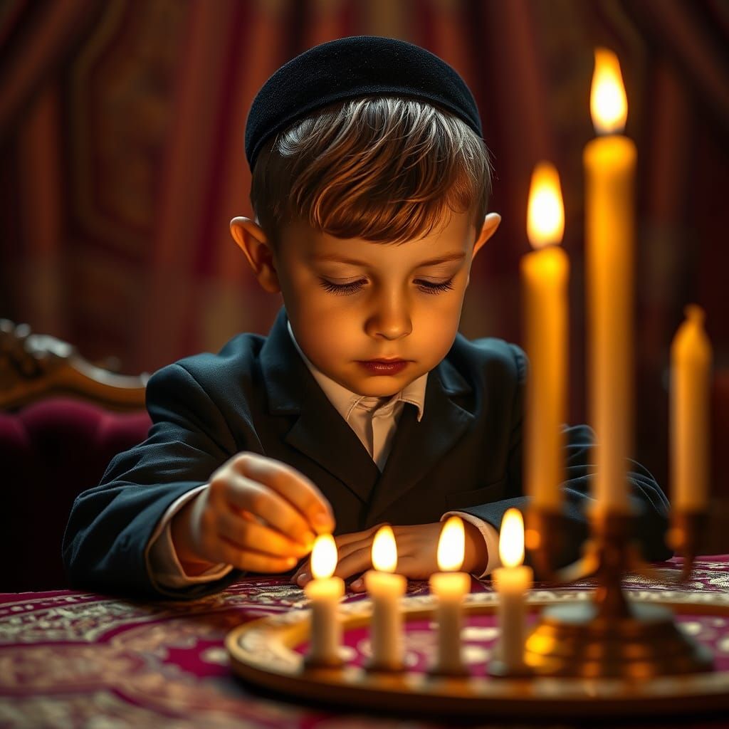 Ultra-Orthodox Boy Lights Hanukkah Candles in Hyperreal Styl...