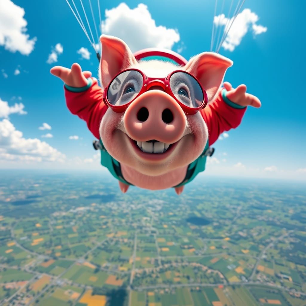 Vibrant Pink Pig in Thrilling Parachute Jump