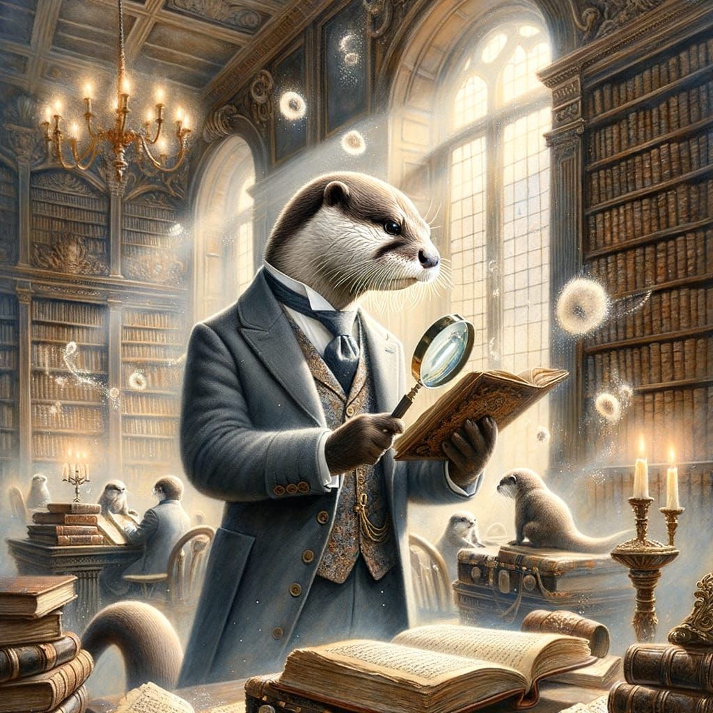 Cultured Otter Inspects Manuscript in Opulent Library
