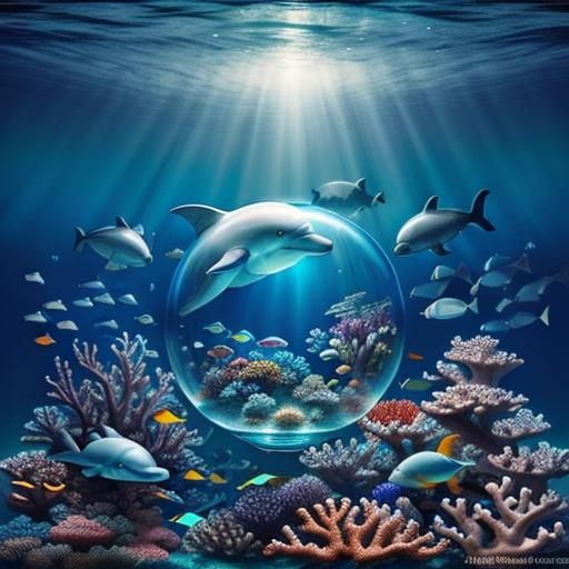 Dolphin in Glass Sphere with Coral Reef