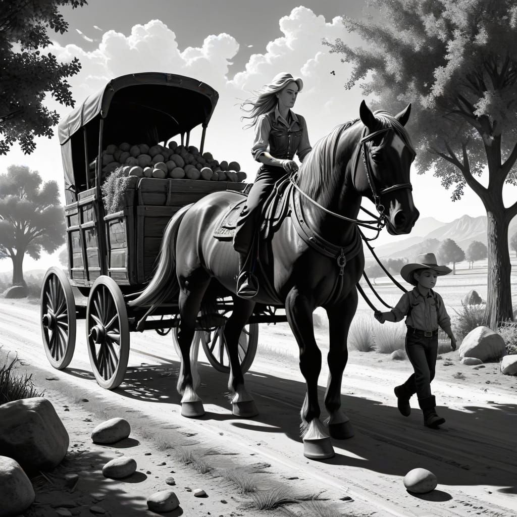 Horse Pulls Wagon of Treasures in Outline Style