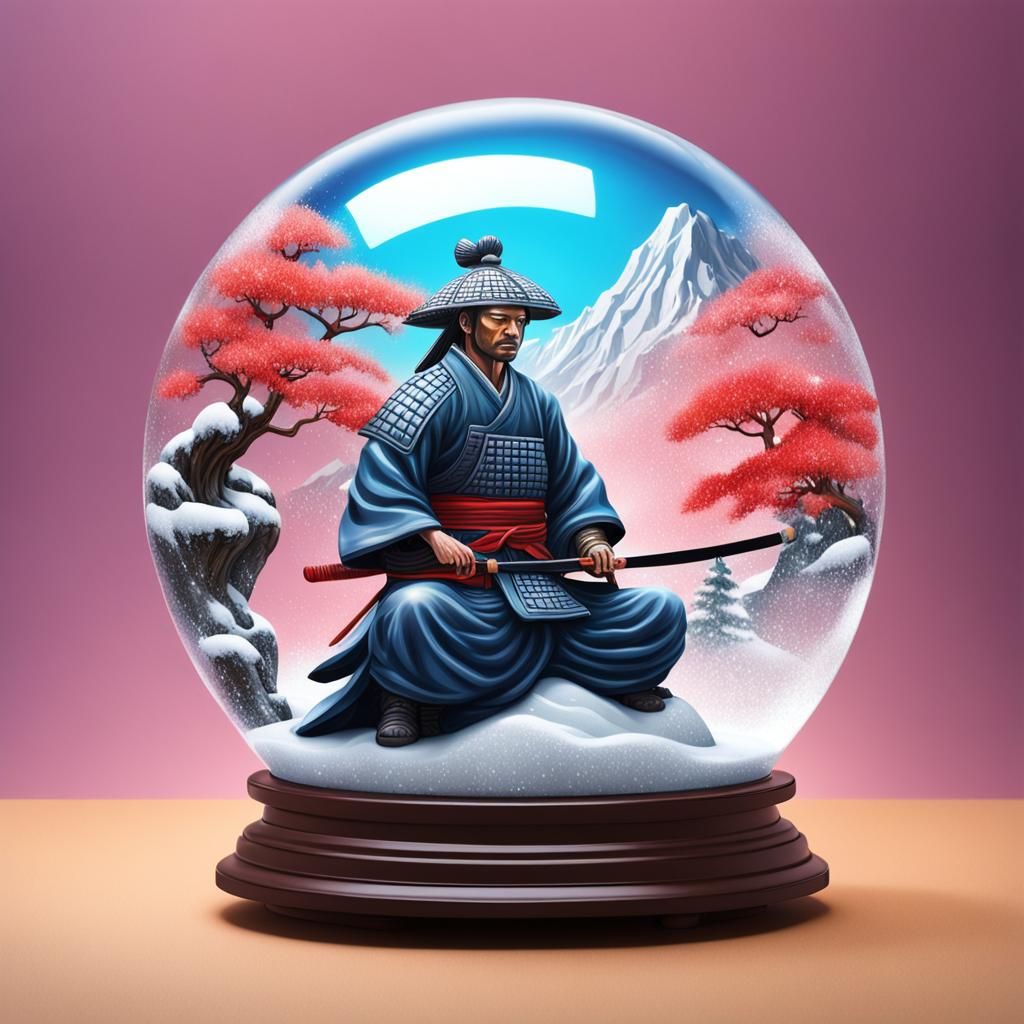 Zen Samurai in Snow Globe: Hyperrealistic Splash Art