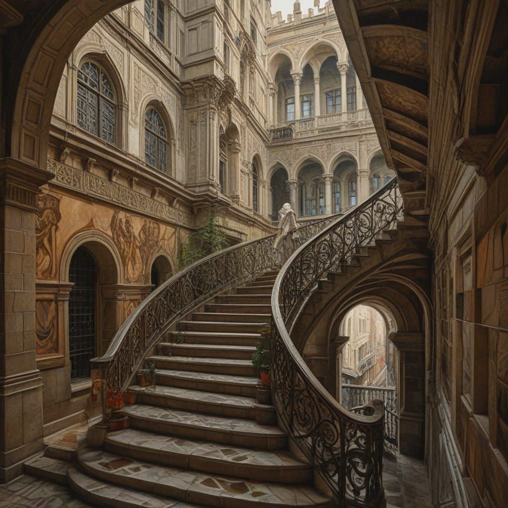 Enchanting Labyrinthine Staircase in a Piranesi-Inspired Lan...