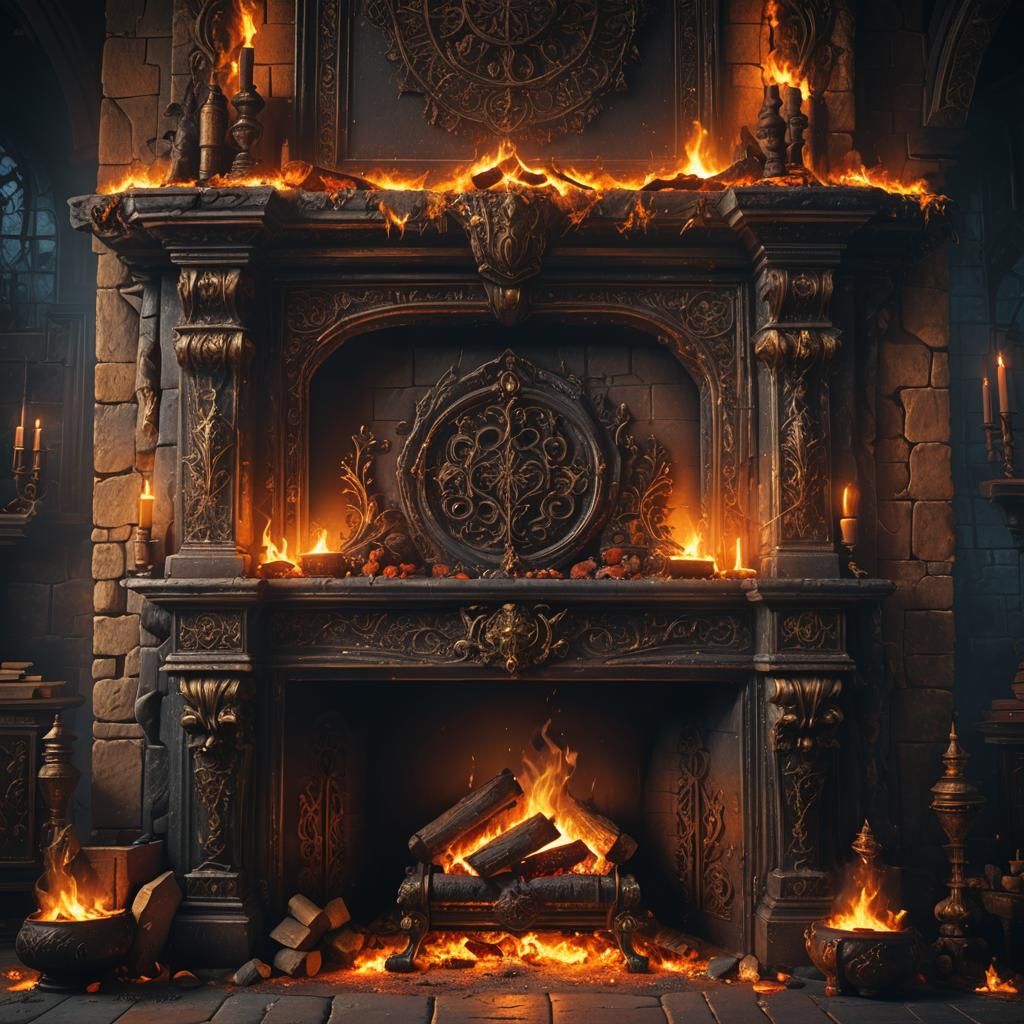 Mystical Fireplace in Gothic Fantasy Chamber