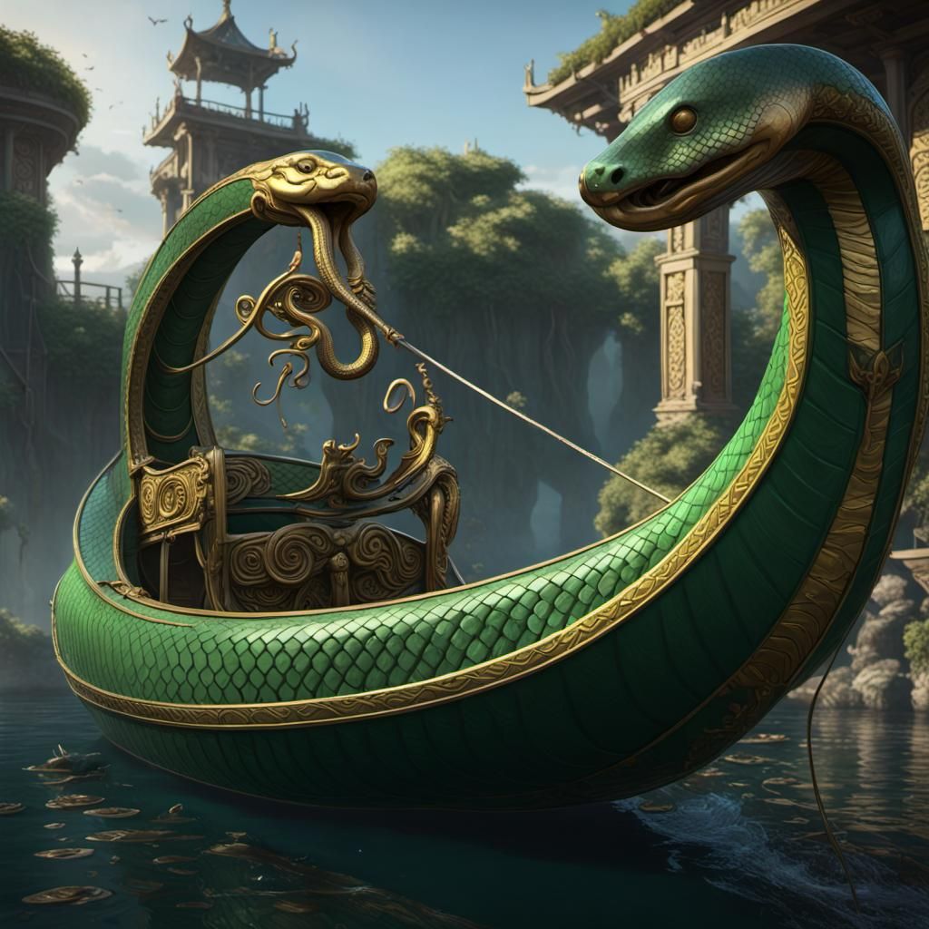 Green Gondola with Golden Snake Emblem: Dark Fantasy Art