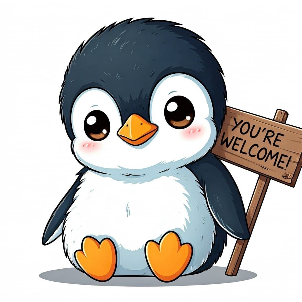Cute Chibi Penguin with Welcome Sign