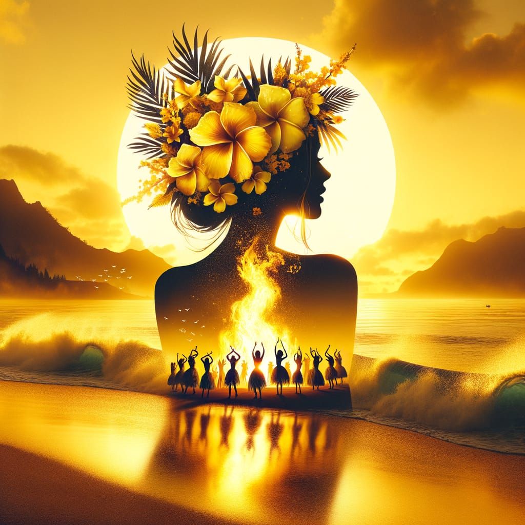 Double Exposure Luau: Pacific Islander Silhouette in Yellow