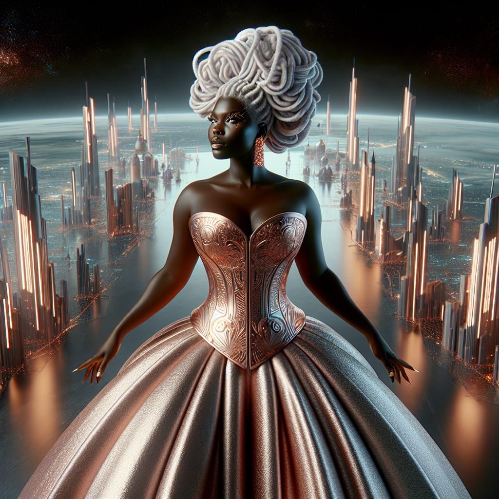 Goddess in Metallic Gown Floating Above Glowing City